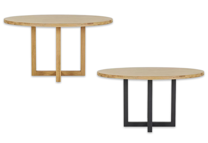 Two round timber tables, one with matching oak legs and one with black legs.