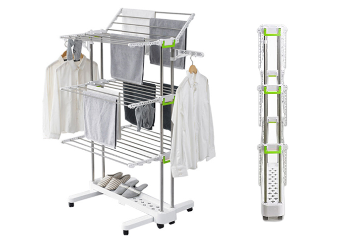 Large rolling clothes drying rack with foldable design.