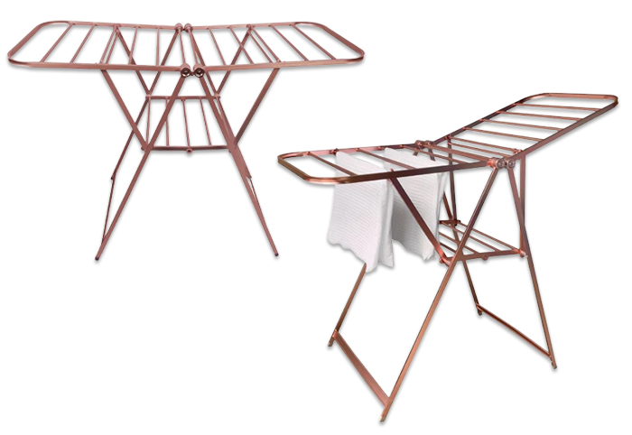 Rose gold rack for drying clothes.