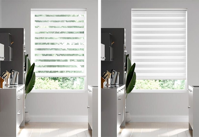 Zebra blinds in open and closed position