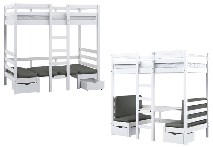 Timothy single kids' loft bed shown from the front and side.
