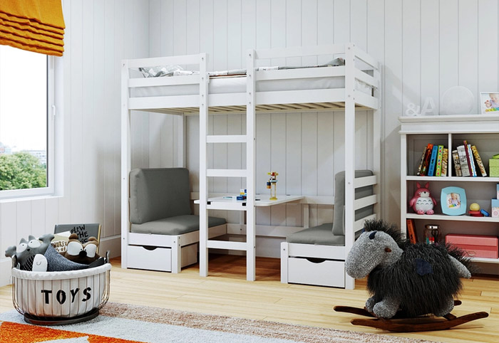 A white loft bed shown in a kids' bedroom with a toy basket and rocking horse.