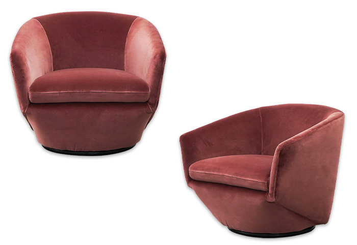 Front and side view of blood orange velvet armchair.
