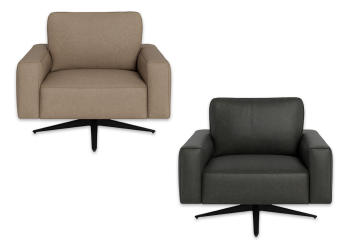 Leather swivel armchairs in taupe and charcoal