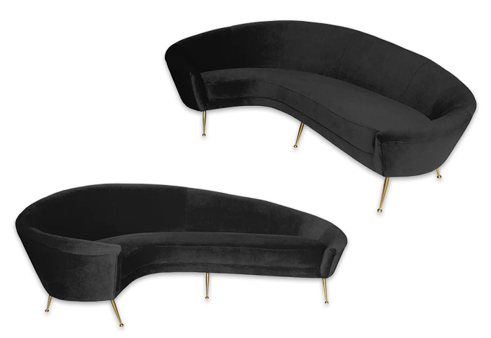 Black curved sofa shown from two angles.