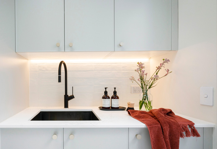 Oliveri Santorini sink in a white kitchen