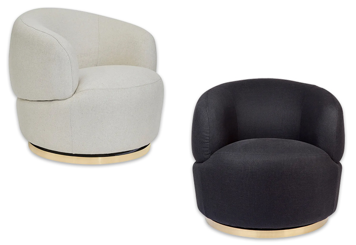 Two swivel armchairs with gold bases in white and charcoal.