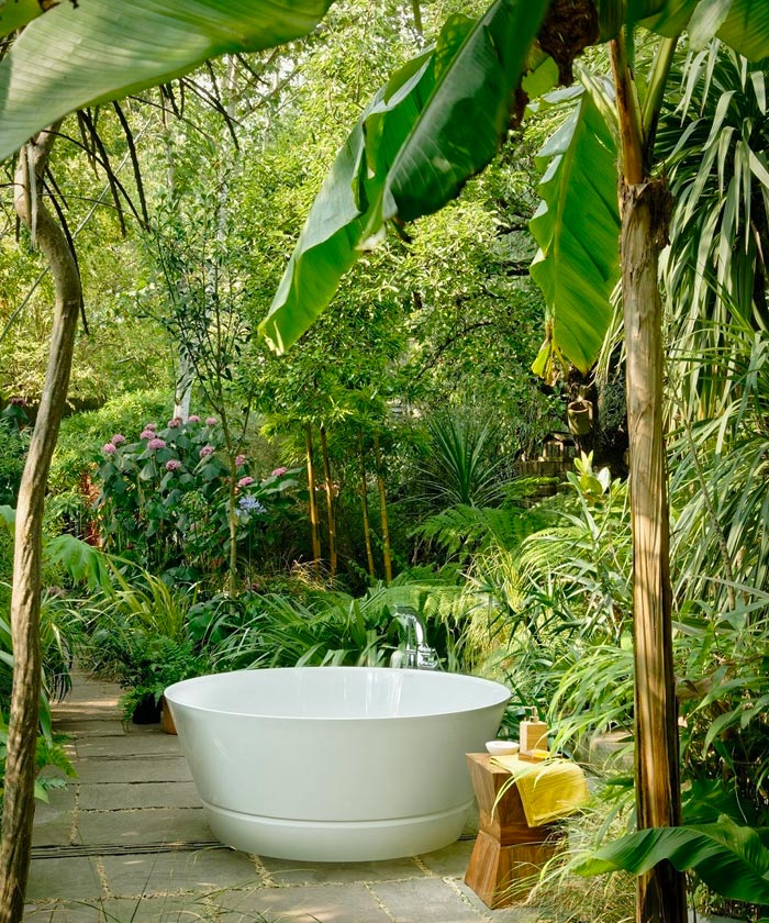 Outdoor bath surrounded by palms.