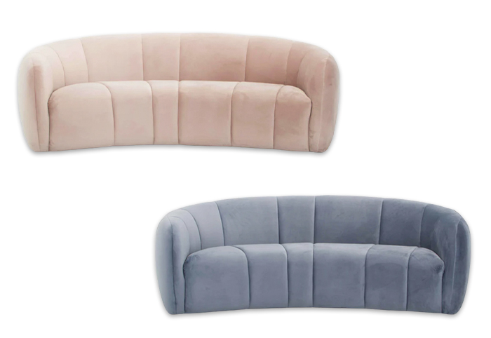 Marisol curved velvet sofas shown in blush and dust blue.