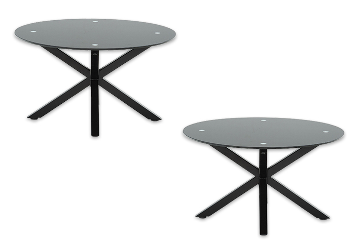 Black glass coffee table with metal legs.