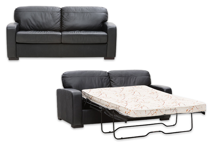 Front and side image of black sofa bed in genuine leather.