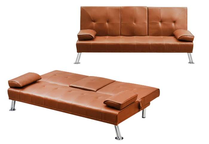 Claude futon-style sofa bed in tan faux-leather.