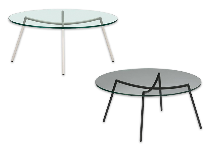Glass coffee tables shown with white and black metal legs.