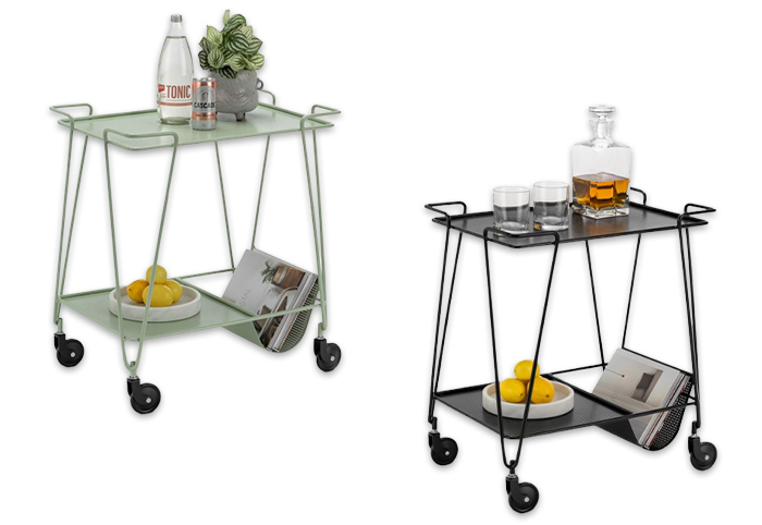 Two metal bar carts shown in sage green and black.