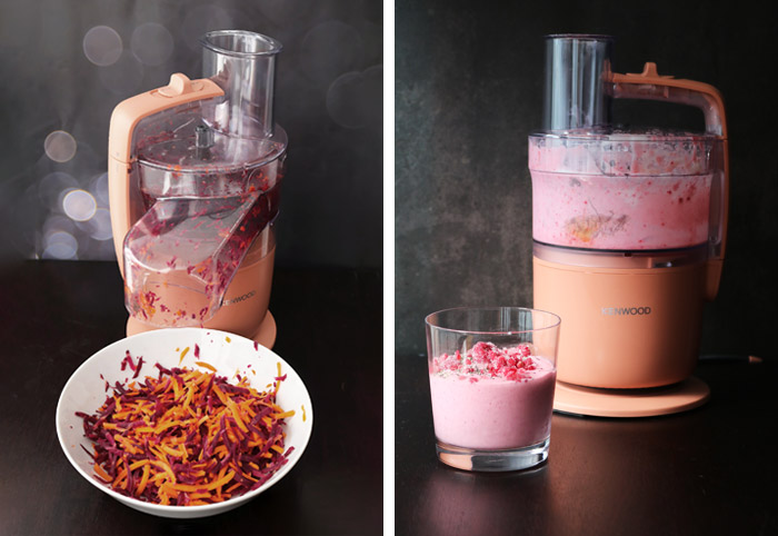 Kenwood food processor pictured with a bowl of chopped vegetables and a smoothie.