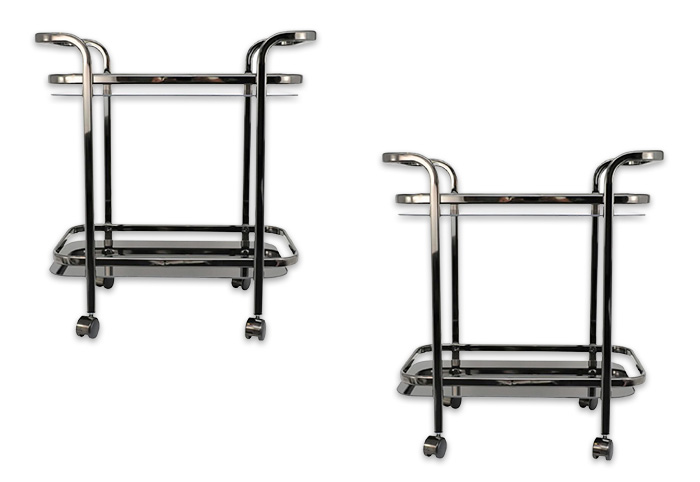 Black nickel-plated trolley with glass shelves.