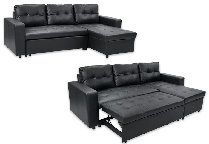 Black faux-leather sofa bed with chaise and storage. 