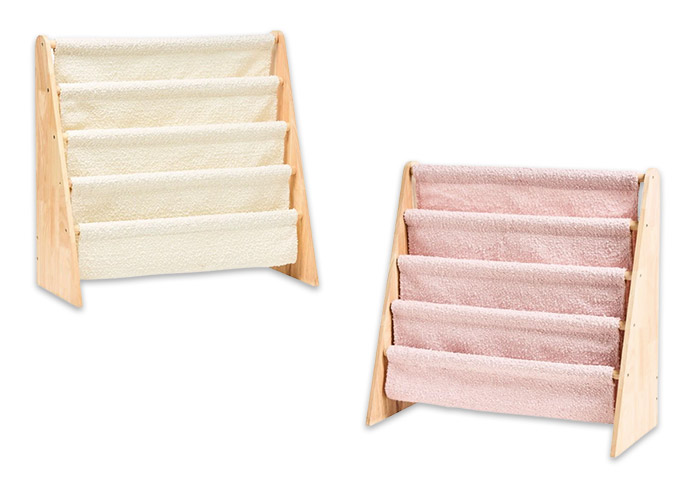 Adairs white and pink boucle bookshelves for kids.
