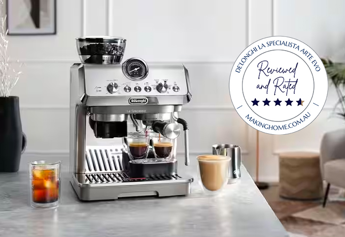 De'Longhi La Specialista Arte Evo Coffee Machine with review logo.