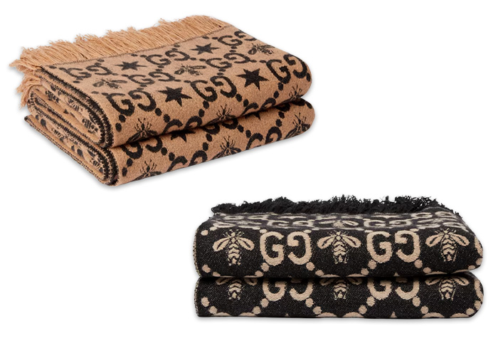 Gucci GG-Pattern Throw pictured in beige and black wool.