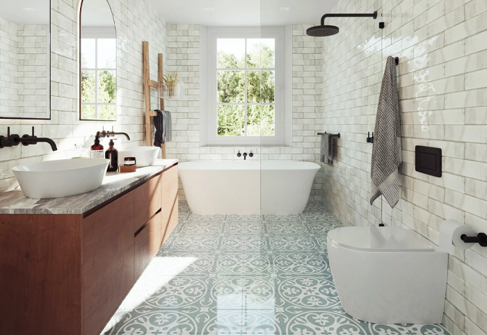 Bathroom of a modern country home featuring patterned tiles and a timber vanity.