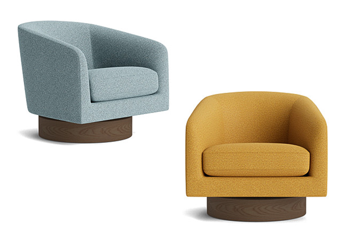 Ocean and Mustard coloured swivel armchairs shown from different angles.