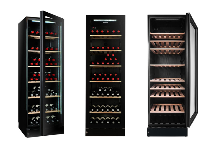 Vintec 170-bottle wine cabinet shown with the door ajar, closed and fully open. 