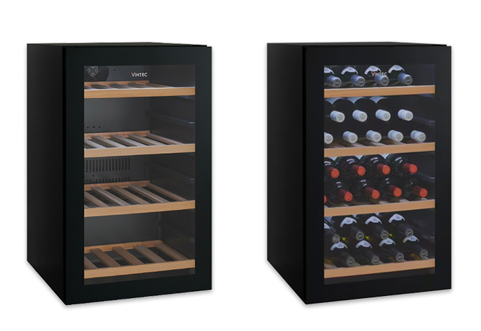 Vintec 35-bottle wine cabinet shown empty and full.