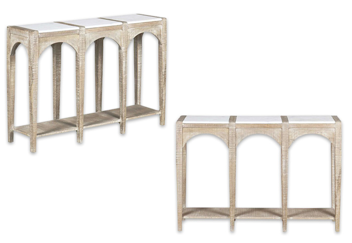 Cantara limewash marble console table shown from two different angles.