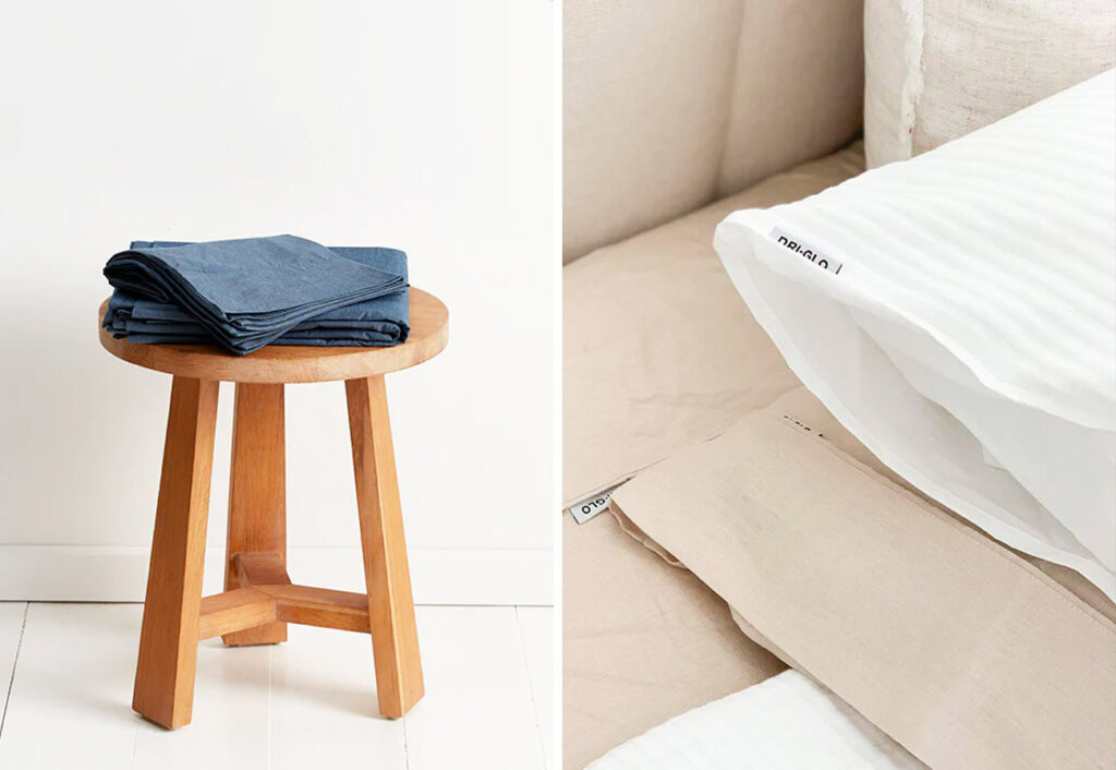 Dri-Glo sheets folded up on a stool on the left and a close up of a dri-glo pillowcase on the right.