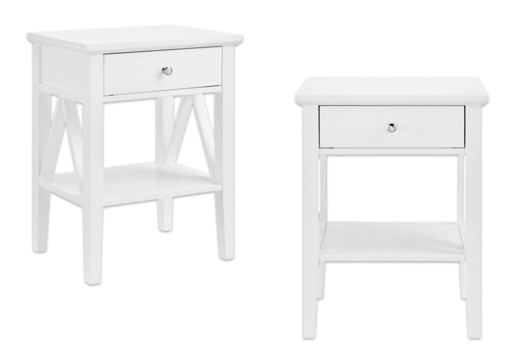 White bedside table shown from two angles.