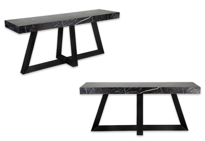 Black marble console table shown from two angles.