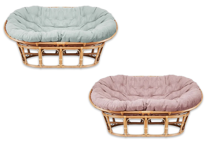 Sage green and pink double papasan chairs shown side by side.