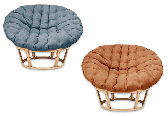A blue and orange papasan chair shown side by side.
