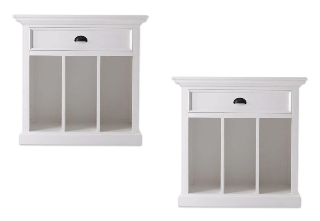 Two white hamptons-style bedside tables side by side.