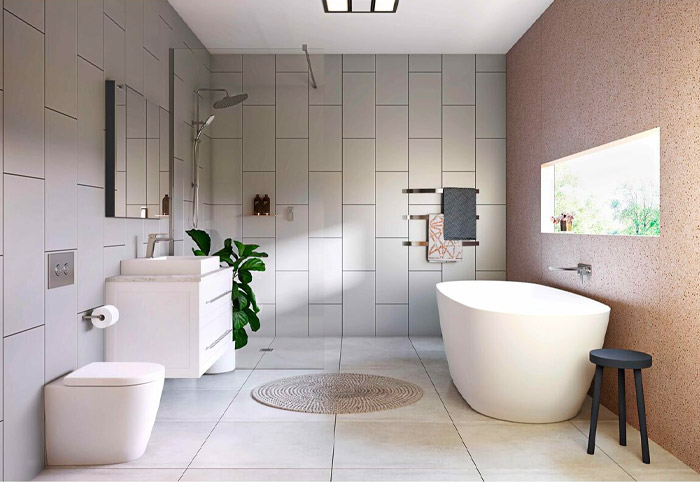 Kado Lux freestanding bath tub in a modern bathroom with an open shower and feature wall.