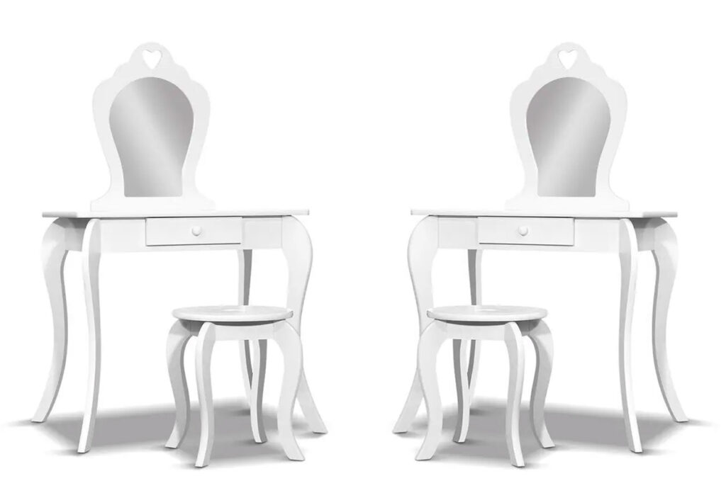 White Keezi kids' make-up table and chair set shown from two angles.