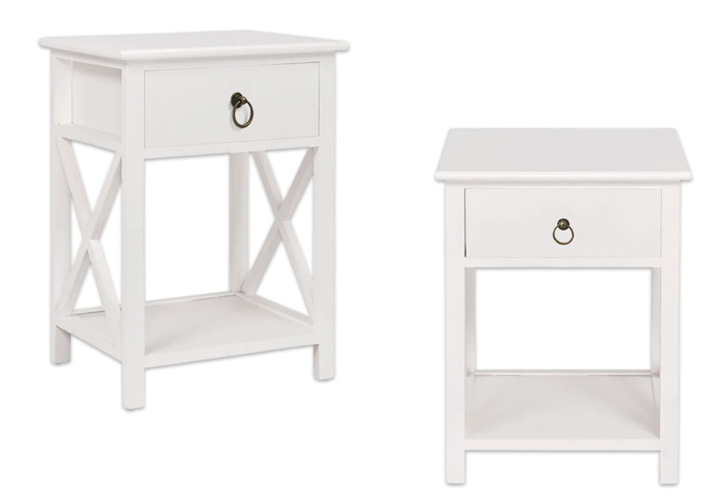 Hamptons-style side tables shown from two angles.