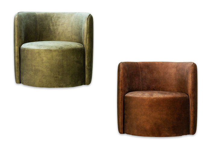 Audrey swivel armchairs shown in green and tan shades.