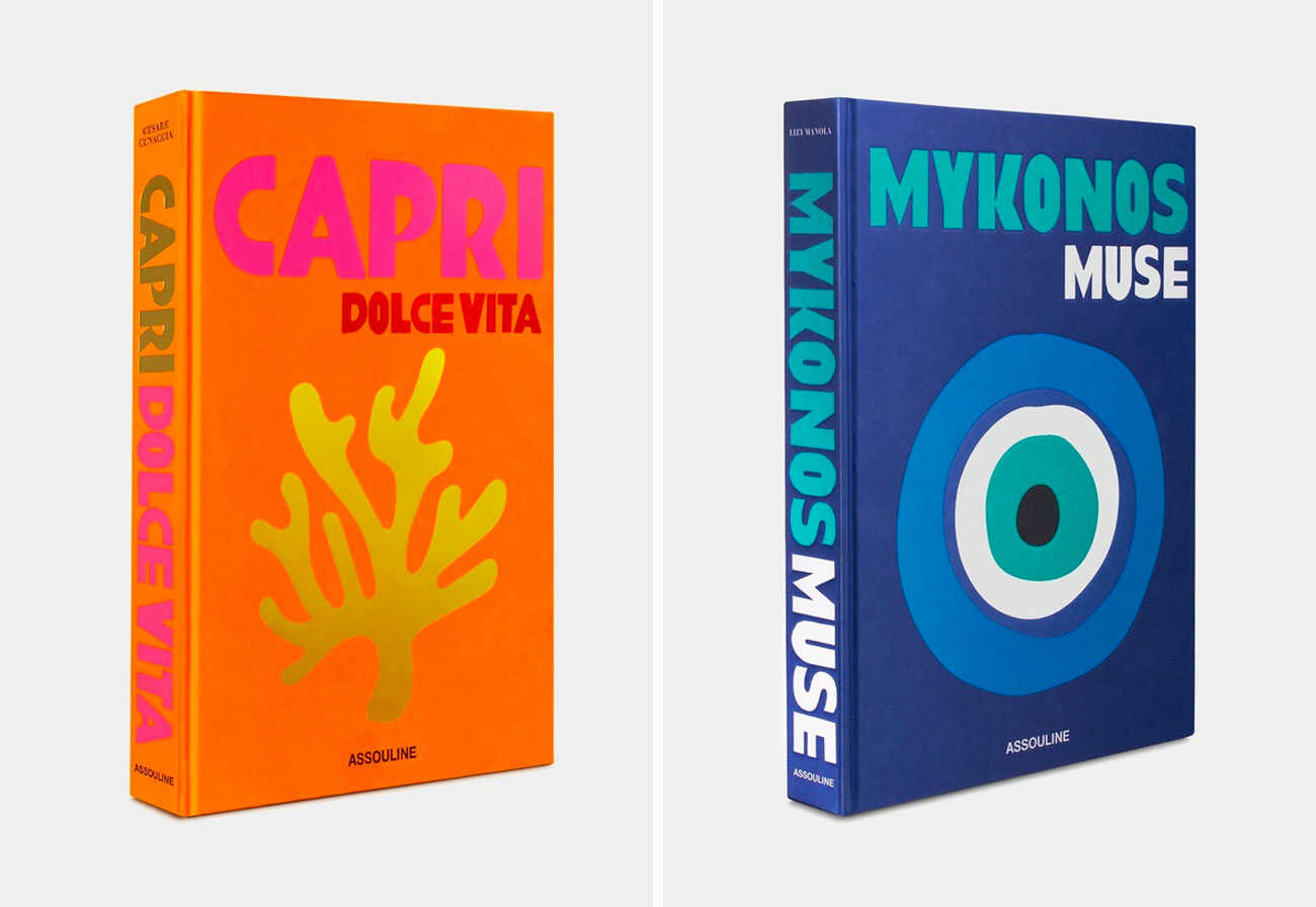 Assouline Capri and Mykonos hardback books shown side by side.