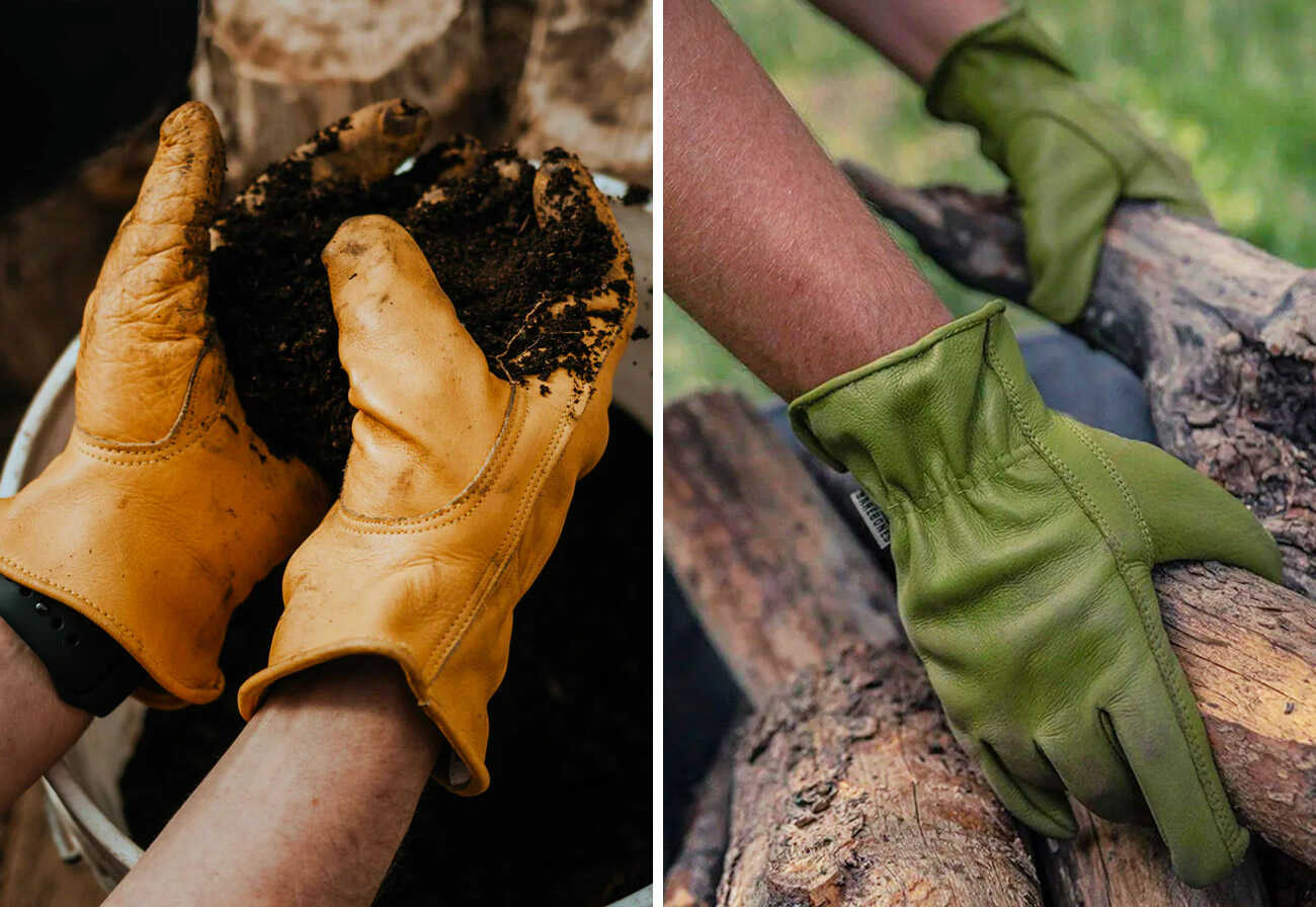 Person in yellow work gloves handles potting mix, and a person in green gloves lifts logs. 