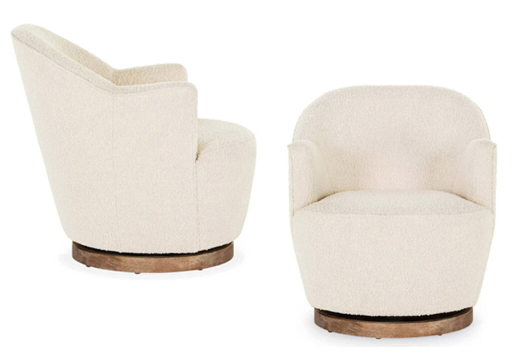 Side and front view of the Lounge Lovers Chloe Boucle Swivel Chair.
