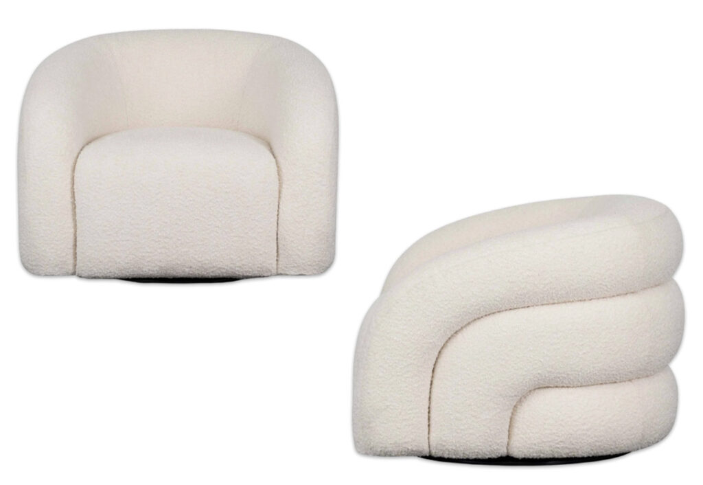 White boucle armchair with unique curved back shown from the front and side.