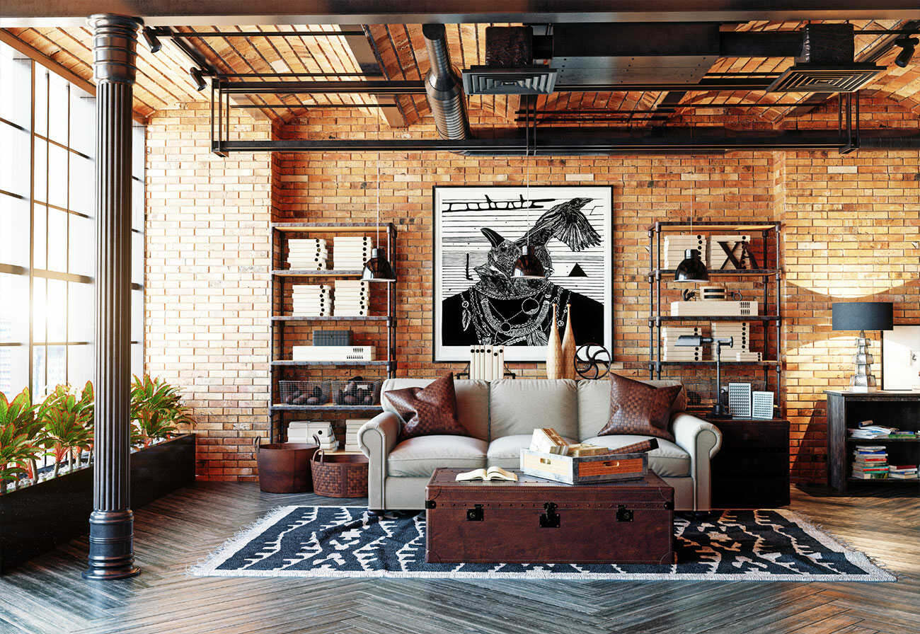 Modern industrial style living room with brick, black metal and timber features.