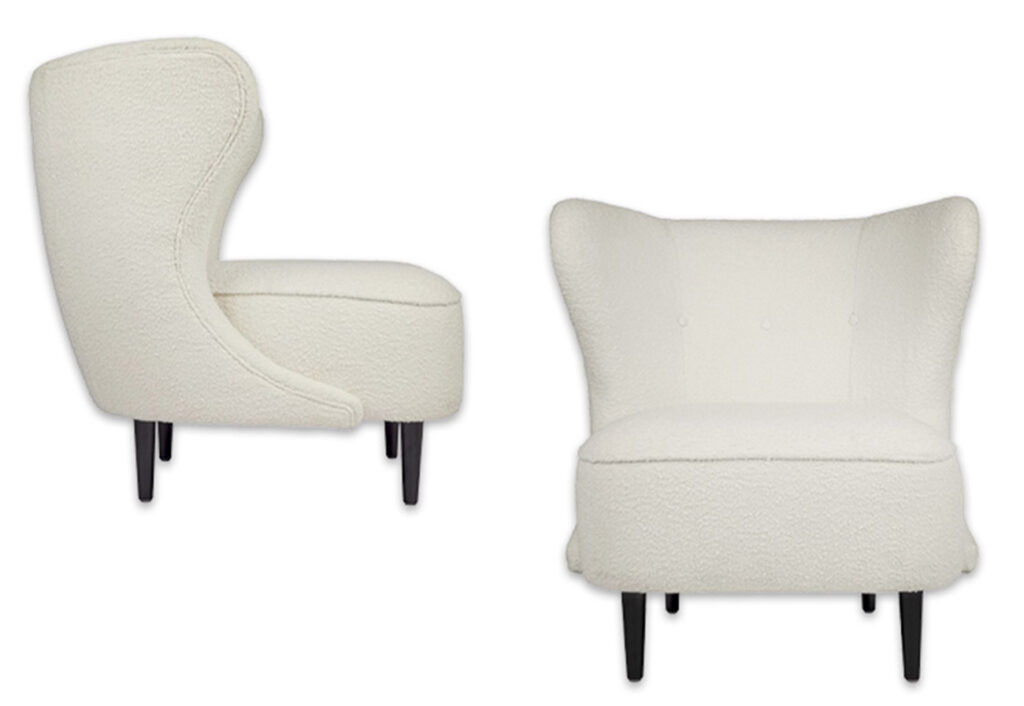 Ivory occasional chair shown from the side and front.