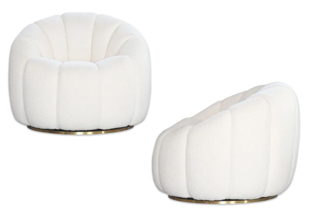 White curved boucle chair shown from two angles.