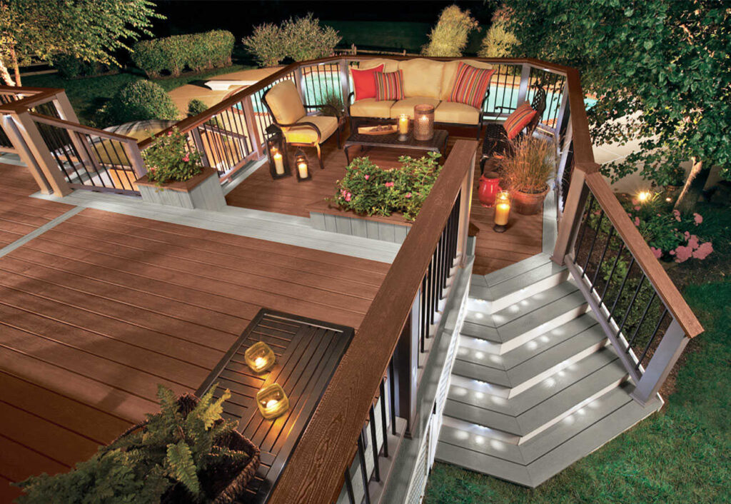 Outdoor patio decking with integrated lighting.