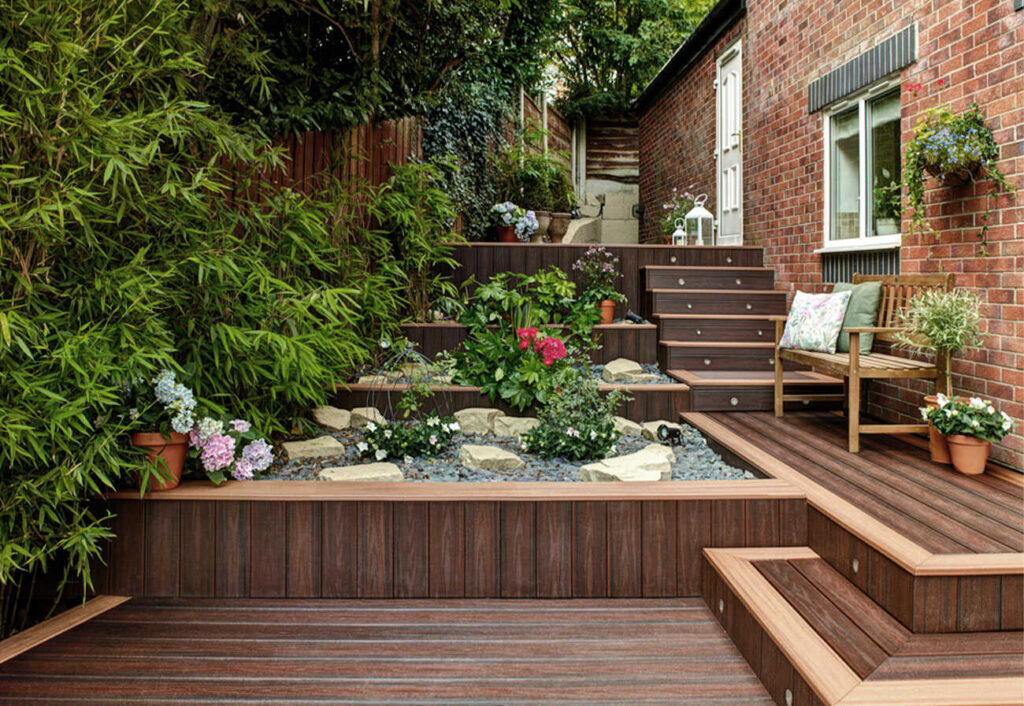 Multi-level outdoor patio decking with an integrated garden.