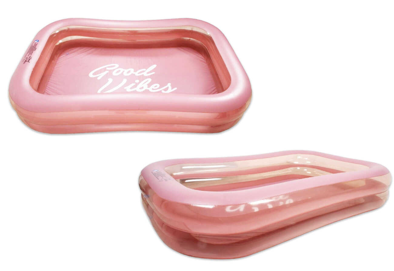Pink rectangular paddling pool shown from two angles.