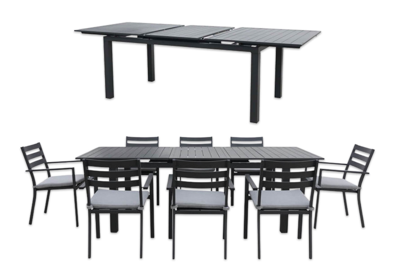 Black aluminium dining package shown with an extendable table and eight chairs.